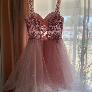 May Queen Pink and Gold Sequin Embellished Prom Dress